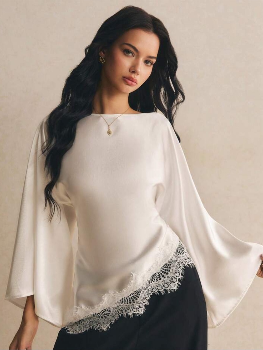 Poéselle Women's Elegant Commuter Date Night Solid Color Bell Sleeve Lace